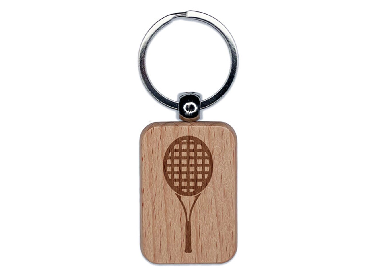 Tennis Racket Racquet Sports Engraved Wood Rectangle Keychain Tag Charm